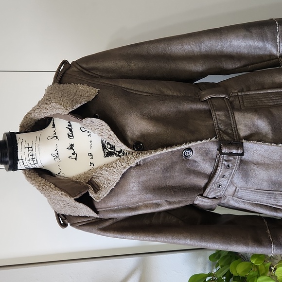 Christopher & Banks Vegan Suede, Sherpa Lined Long Jacket - Picture 3 of 14